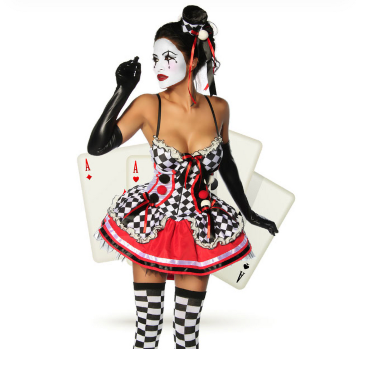 Déguisement Arlequin - Rouge, noir & blanc avec bas