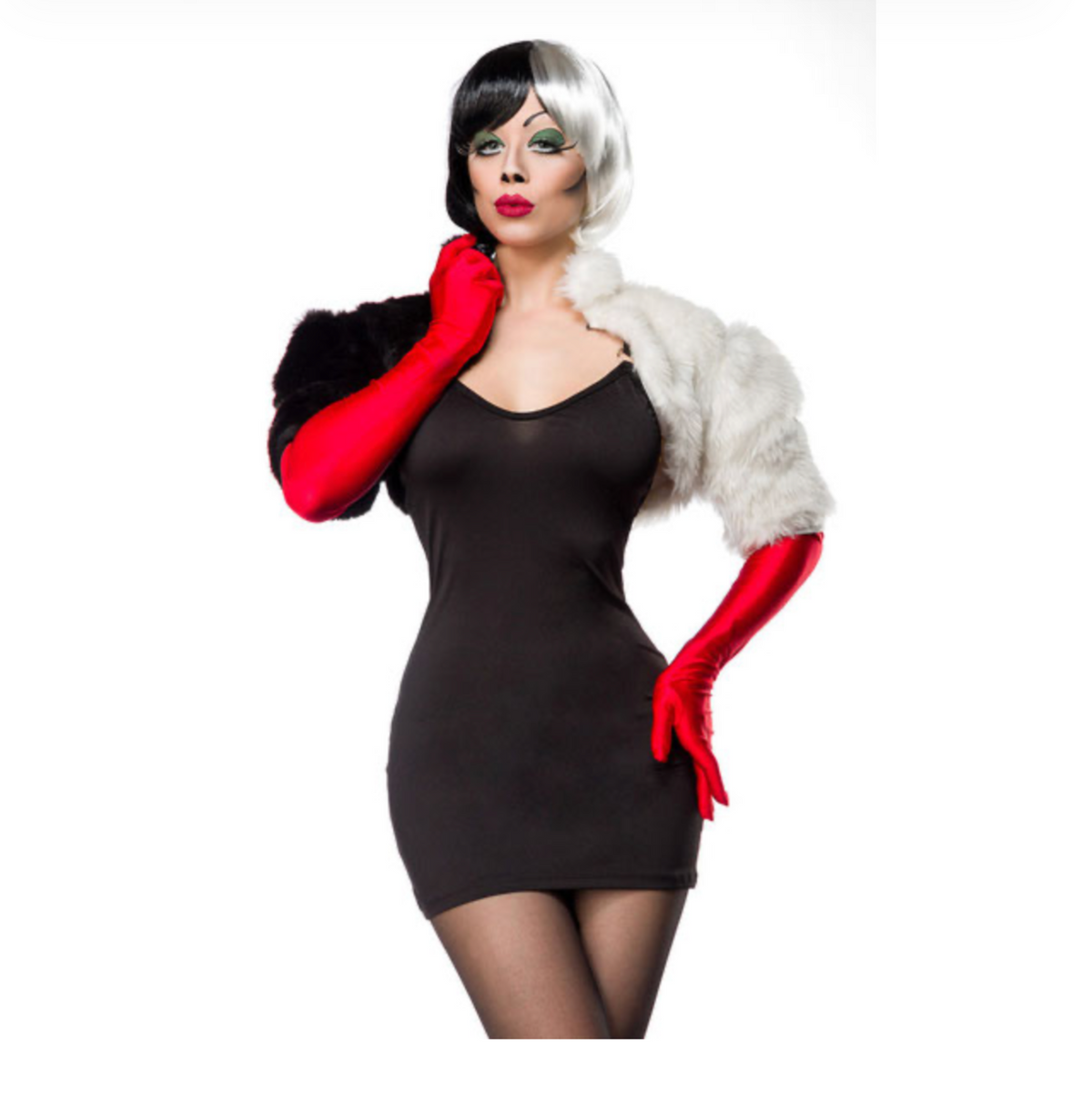 Cruel Lady - Mini-robe, cape noir & blanc et gants