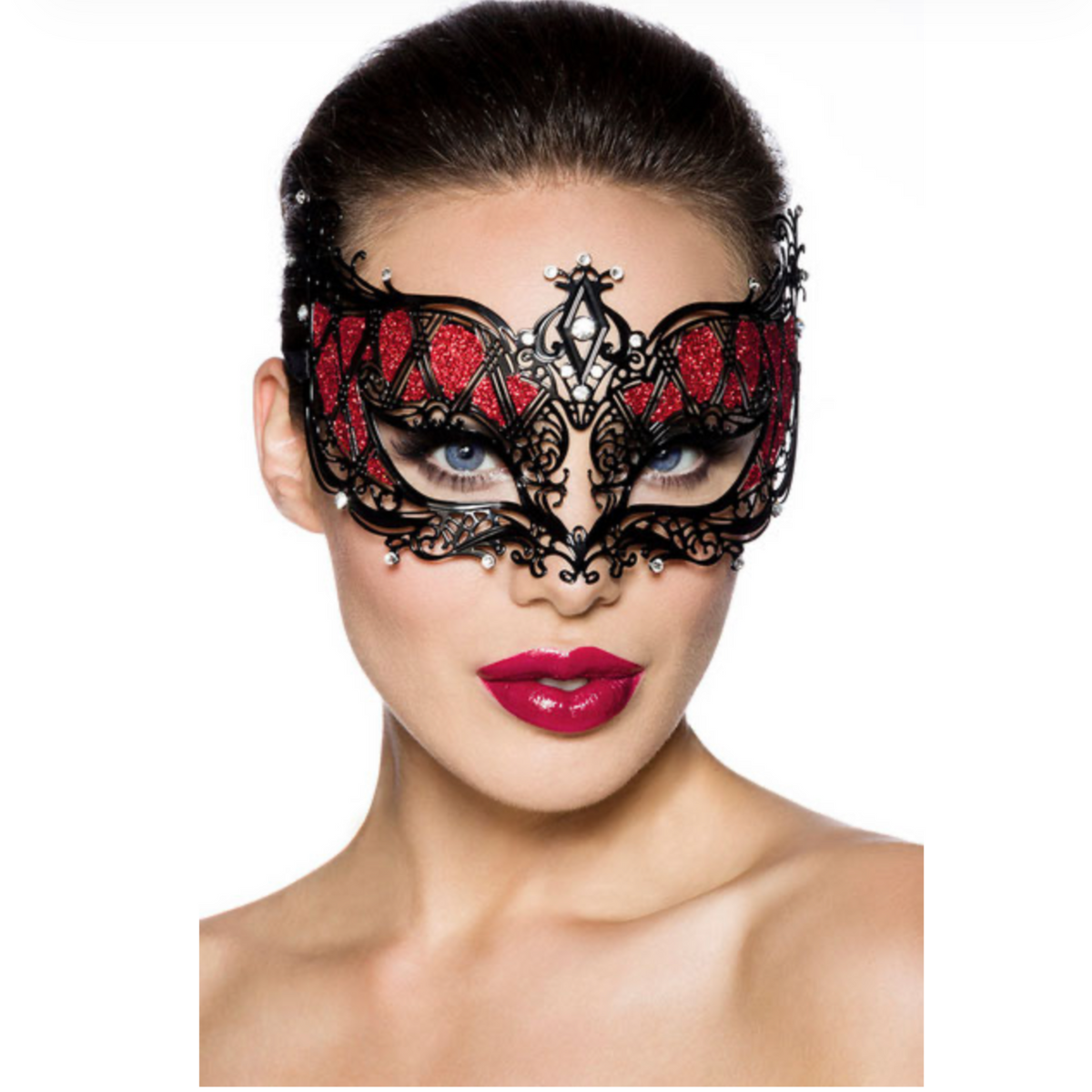 Luna Veneziana - Masque vénitien rouge & noir avec strass