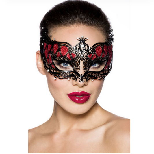Luna Veneziana - Masque vénitien rouge & noir avec strass